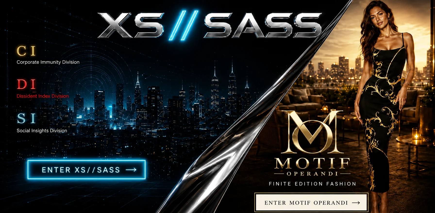Split gateway: the XS//SASS division system on the left, the Motif Operandi fashion label on the right