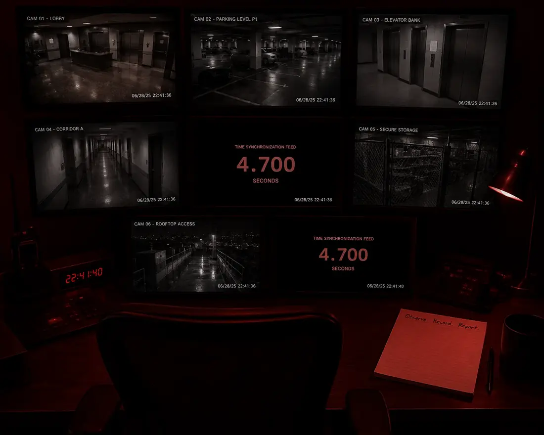 A dim Bureau monitoring station with multiple camera feeds and a synchronization readout.