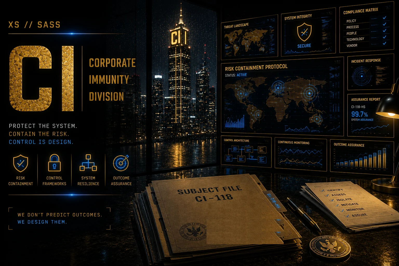 Corporate Immunity Division (CI) — a gold-lit night boardroom with risk-containment dashboards and a subject dossier. Protect the system, contain the risk.