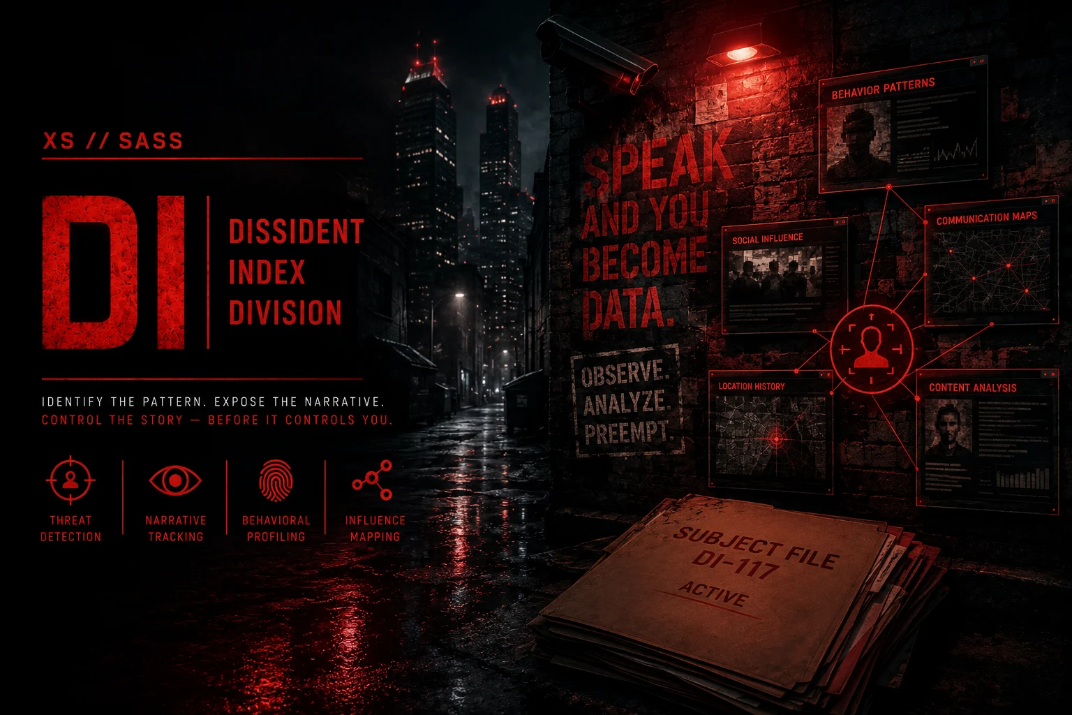 Dissident Index Division (DI) — a crimson-lit rain-slick alley under surveillance, evidence pinned to a wall. Identify the pattern, expose the narrative.